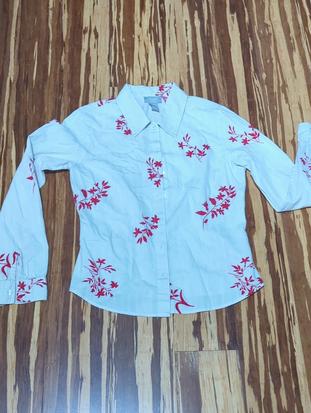 Old Navy White Button-Down Shirt with Red Floral Pattern